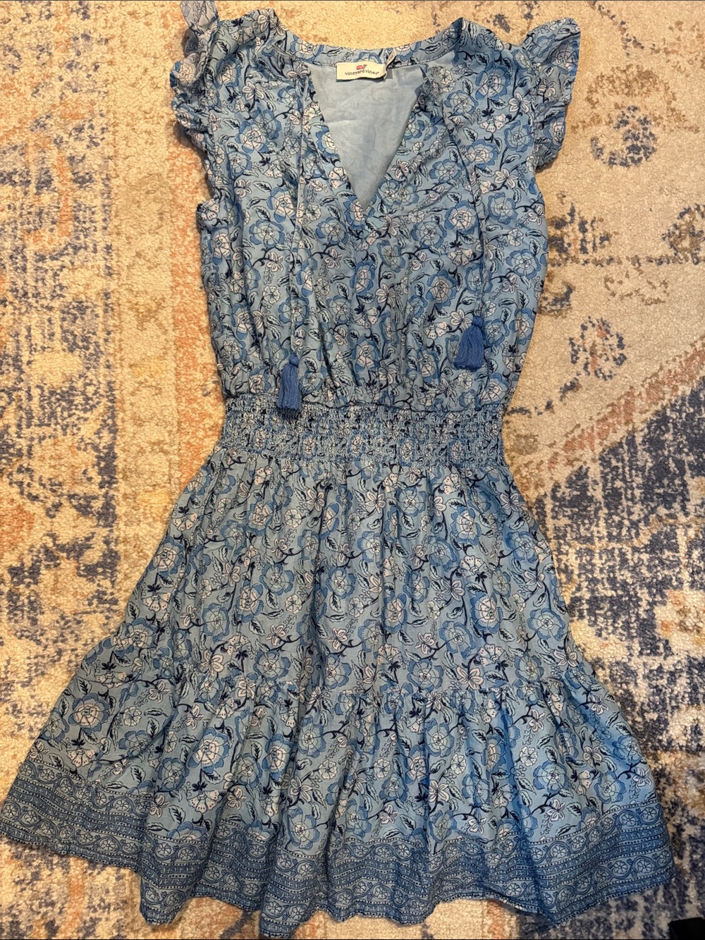 Vineyard Vines Light Blue Floral Tassel Smocked Mini Dress